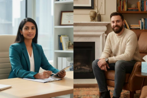 The image highlights the distinct environments and professional demeanors associated with psychiatrists and therapists, indicating their specialized approaches to mental health treatment.