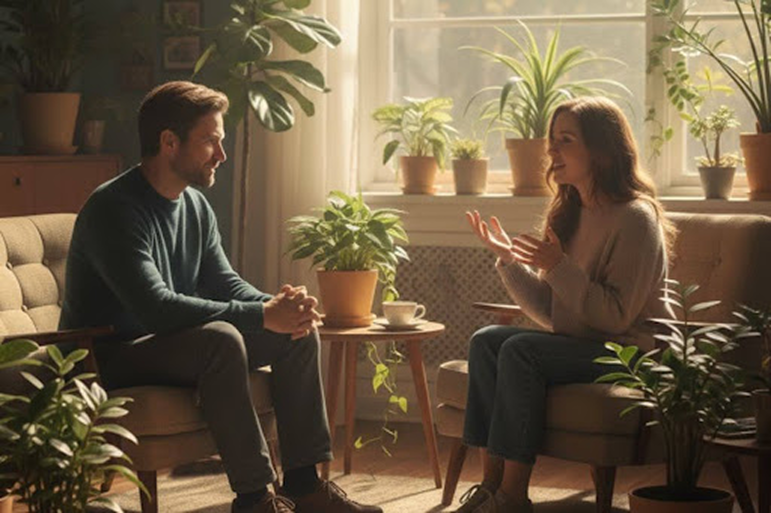 This scene depicts the collaborative, interpersonal dynamic between a therapist and patient, highlighting the therapist's role in active listening and empathetic counseling.