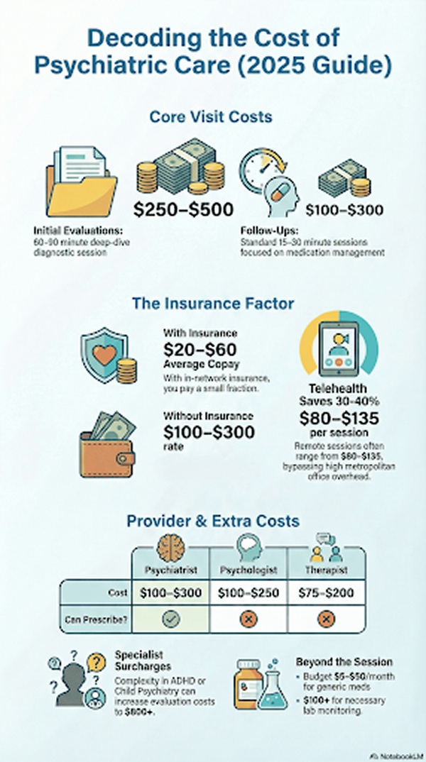 An infographic titled "Decoding the Cost of Psychiatric Care" showing price ranges for evaluations, insurance copays, and a comparison of provider types.