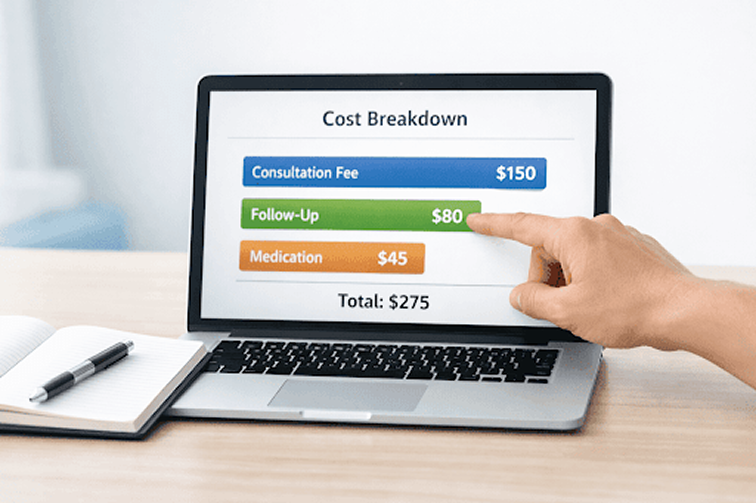 A laptop screen showing a cost breakdown: $150 Consultation, $80 Follow-Up, and $45 Medication, totaling $275.
