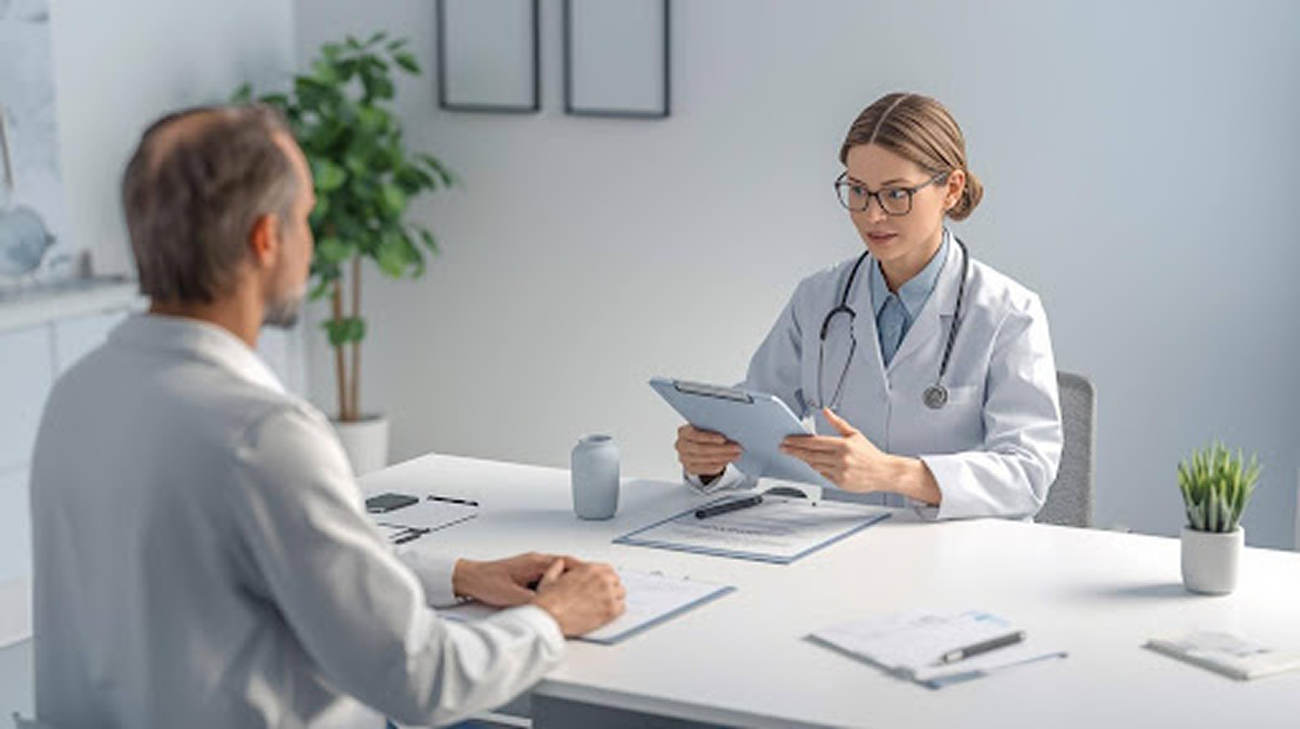 A doctor in a white coat and stethoscope holding a clipboard while consulting with a patient in a bright, modern office.