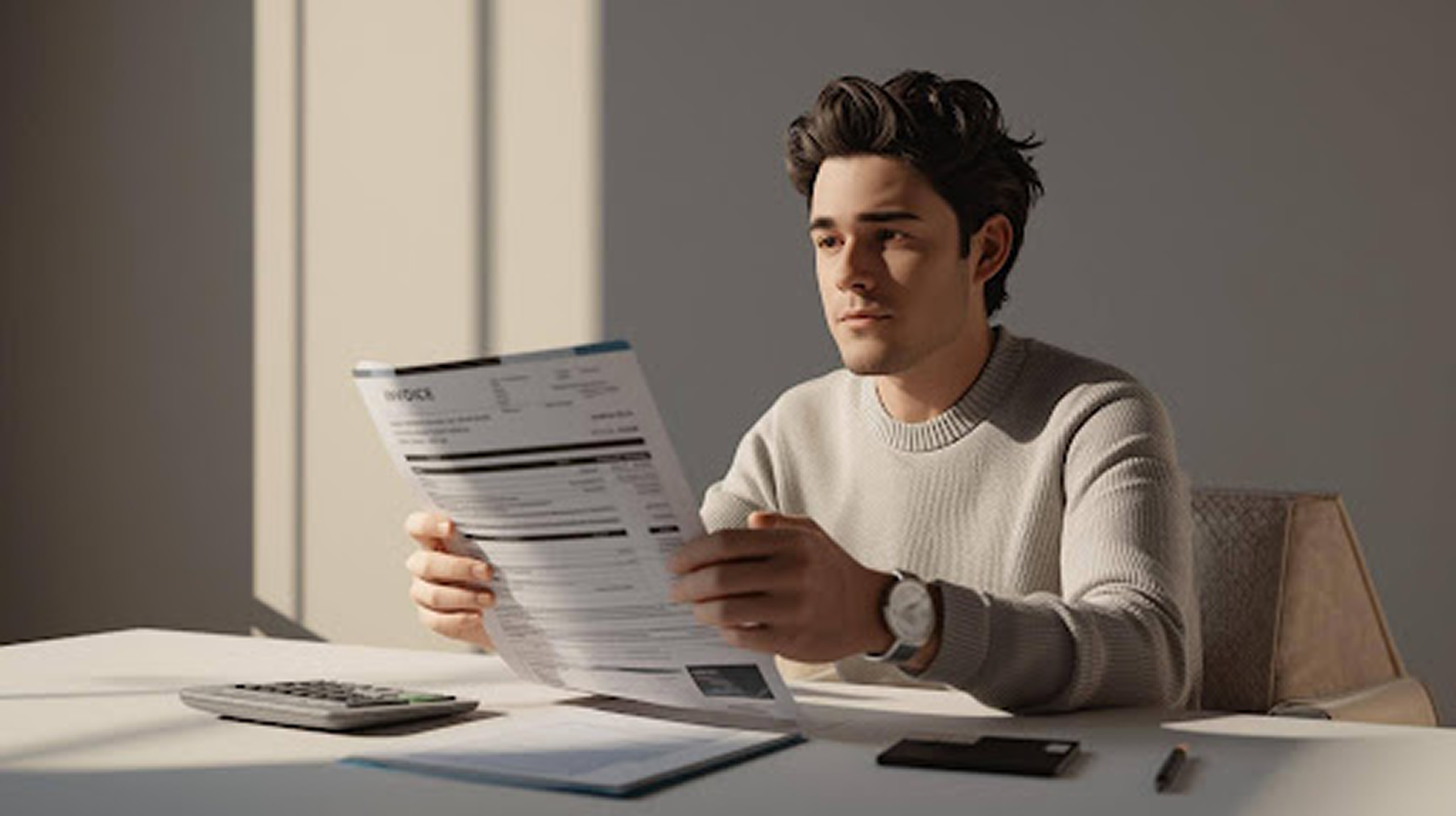 A man at a desk reviewing a medical invoice with a calculator and credit card nearby.