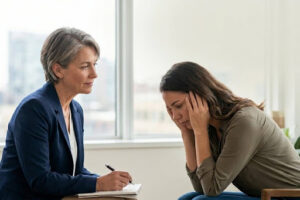 Can a Psychiatrist Help With Burnout? A psychiatrist takes notes while a visibly exhausted young woman looks down.