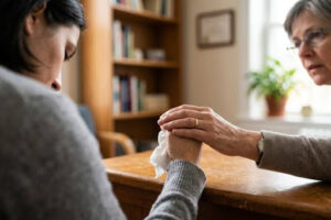 Can a Psychiatrist Help With Burnout? A compassionate therapist holds a distressed patient's hands during a session.