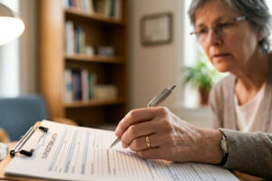 Can a Psychiatrist Help With Burnout? Older woman completing a burnout evaluation form on a clipboard in an office.