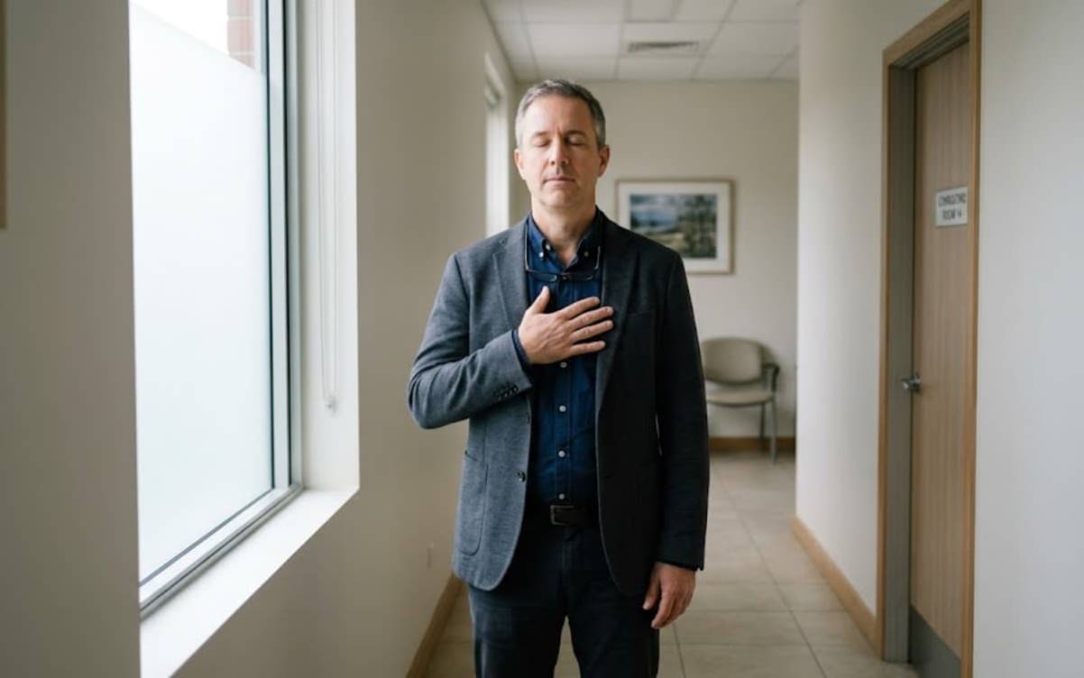 Psychiatrist Tips for Preventing Burnout include mindful breathing exercises in a clinical hallway