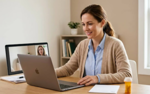 A woman in a telehealth session learning if a psychiatrist can prescribe medication online from home.
