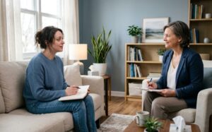 Can a psychiatrist help with sleep disorders? Woman speaking with therapist in a calm counseling session.