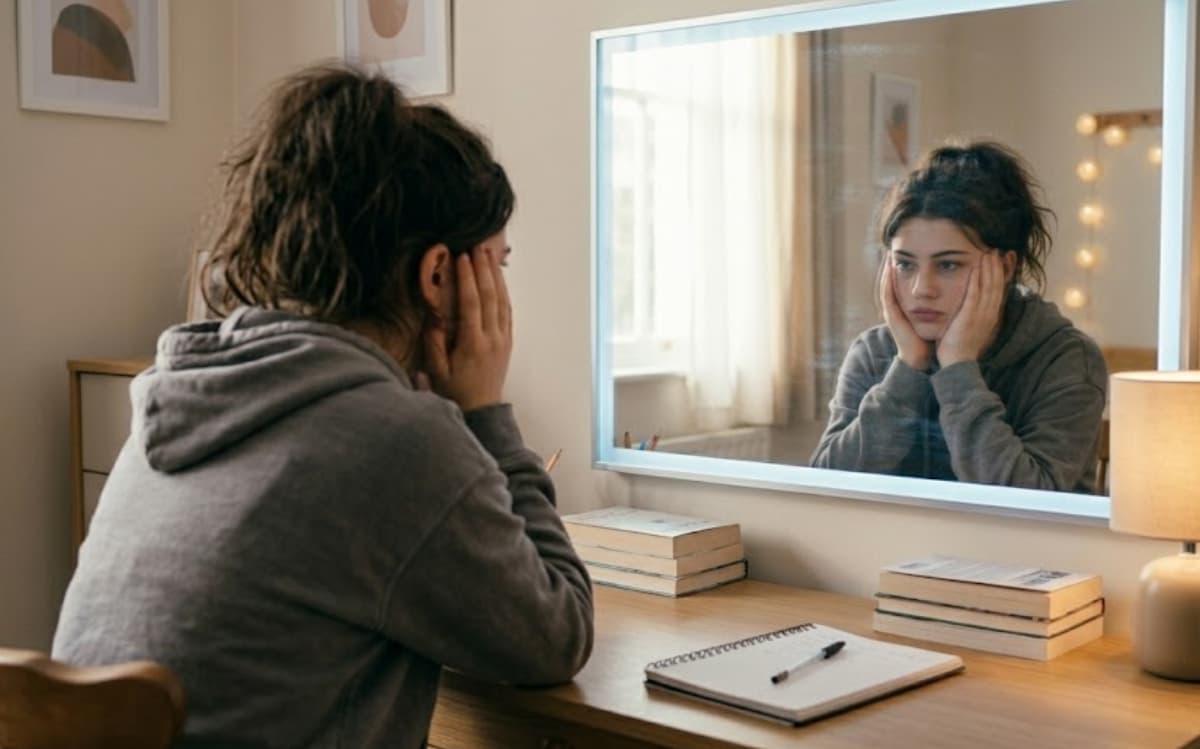 When should a teen see a psychiatrist? A teenage girl staring sadly at her reflection in a mirror.