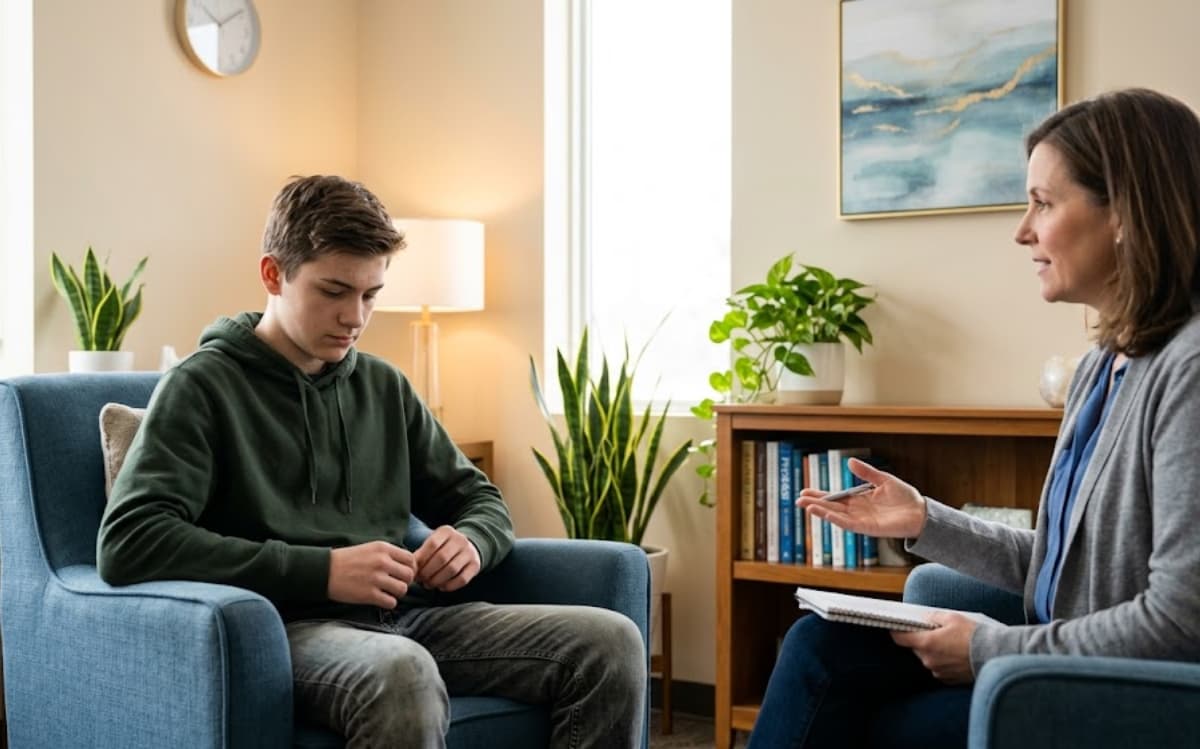 When should a teen see a psychiatrist? A teenage boy in a counseling session with a female therapist.