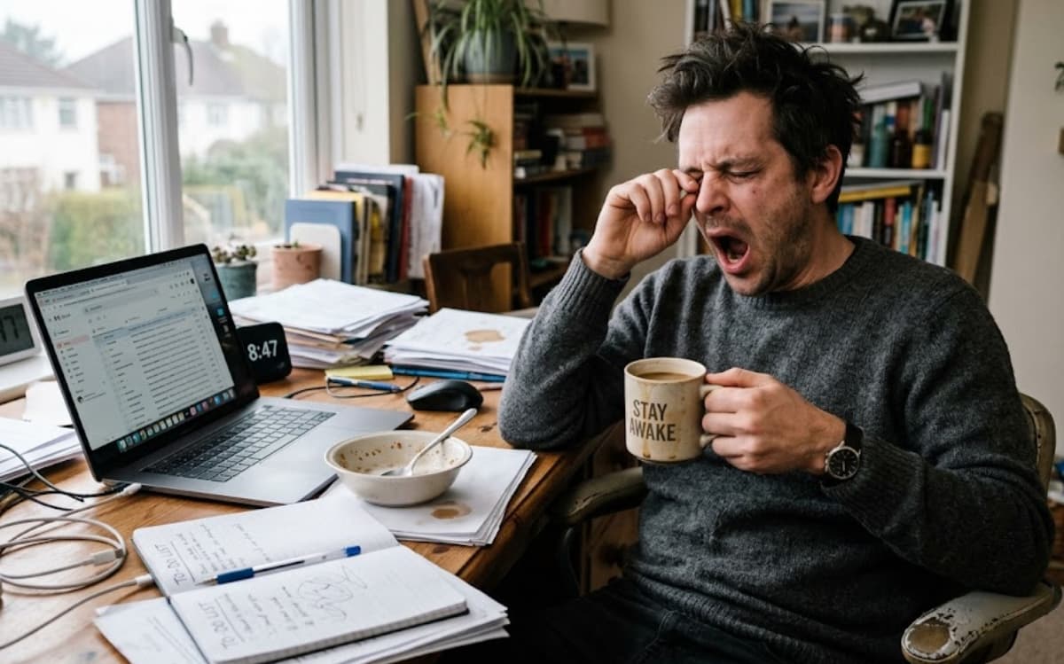 Can a psychiatrist help with sleep disorders? Exhausted man yawning at desk holding "Stay Awake" mug.