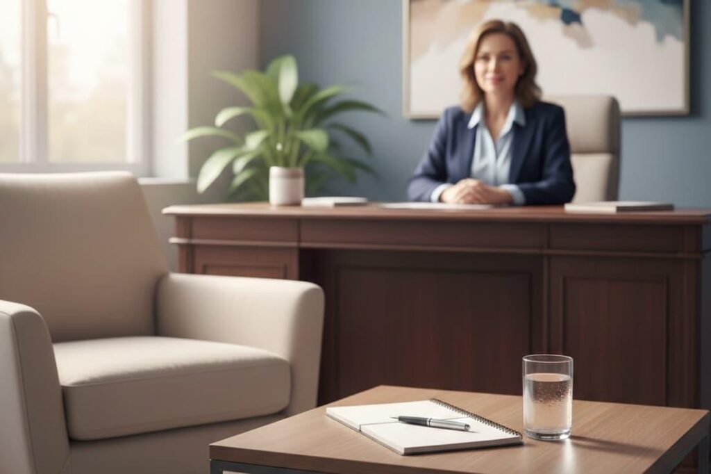 The scene shows a comfortable, well-appointed office environment, hinting at the value of finding a psychiatrist who maintains a professional and welcoming space to support patients' needs.