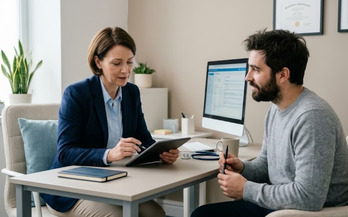 Can a psychiatrist help with sleep disorders? Doctor reviewing patient records on tablet in clinical office.