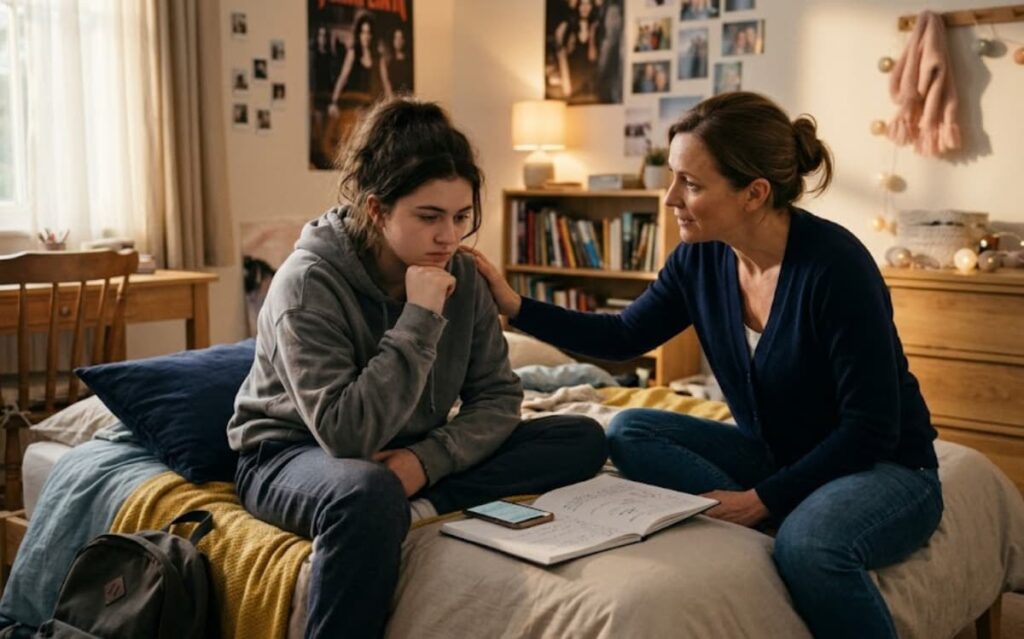 When should a teen see a psychiatrist? A mother comforting her distressed teenage daughter on a bed.