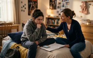 When should a teen see a psychiatrist? A mother comforting her distressed teenage daughter on a bed.