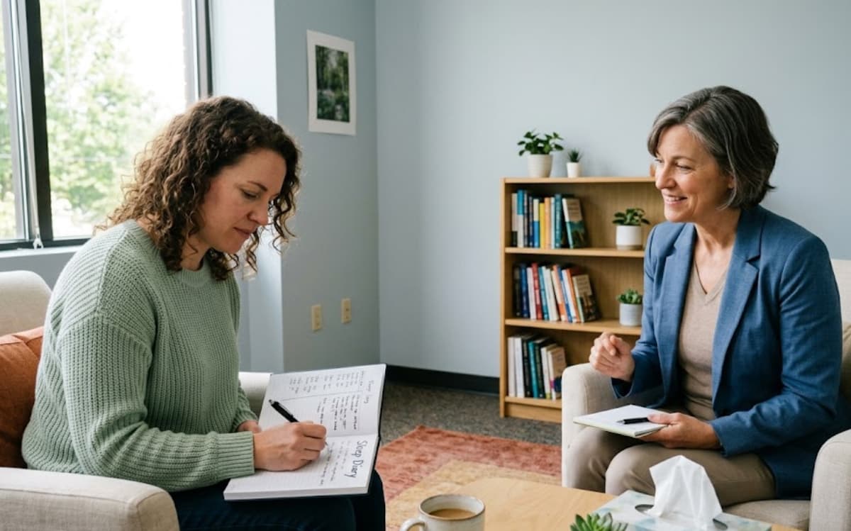 Can a psychiatrist help with sleep disorders? Patient writing in sleep diary during therapy consultation.