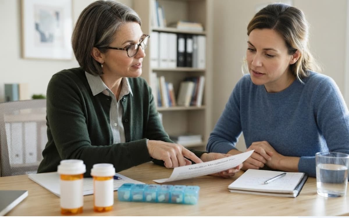 Psychiatrist and patient discussing medication management, pill organizer and prescription bottles on desk.