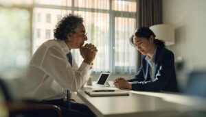 Patient in a psychiatric consultation discussing work-related stress treatment.