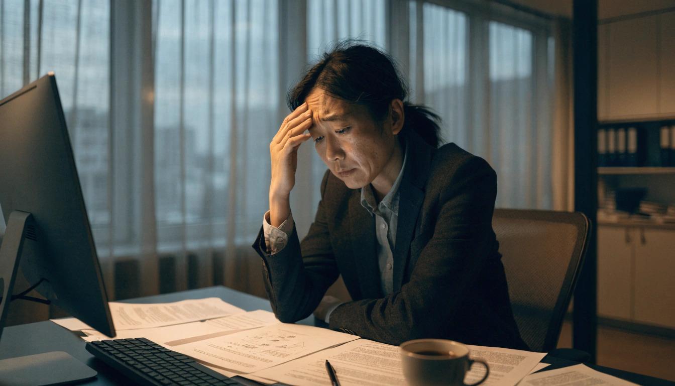 Stressed employee holding head at desk overwhelmed by work burnout and anxiety.