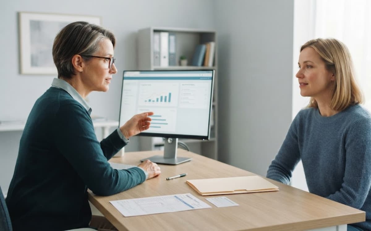 Psychiatrist reviewing patient data charts on a monitor during a consultation for bipolar disorder treatment.