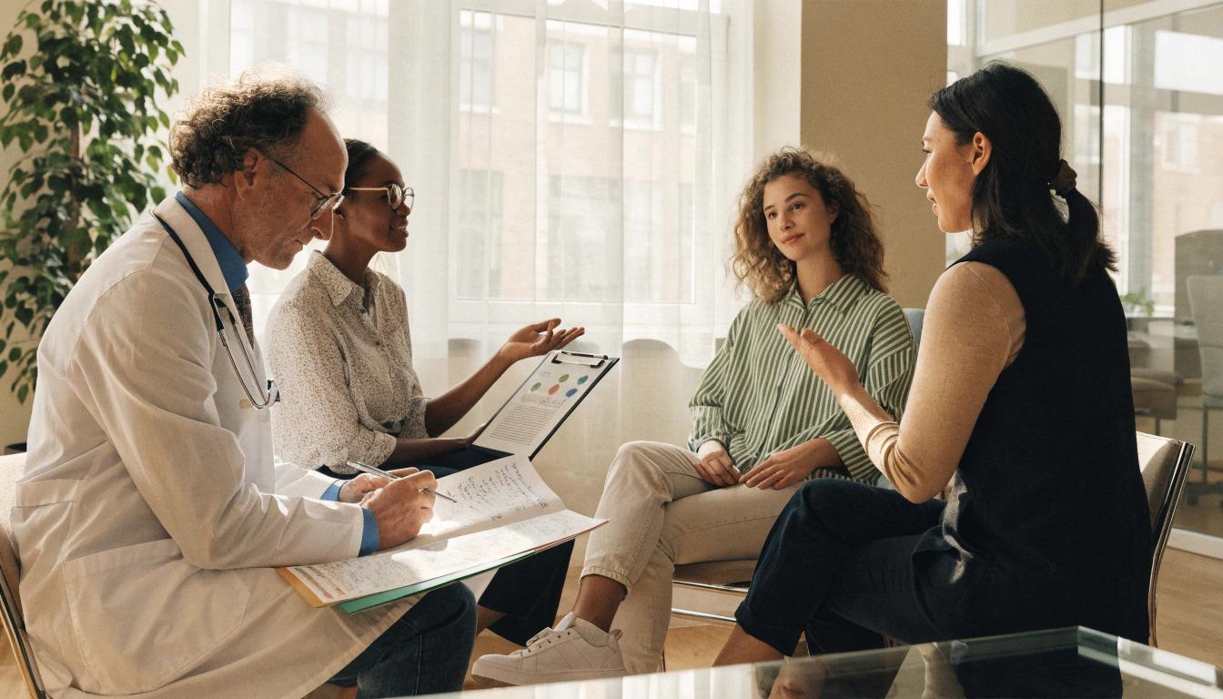 Multidisciplinary mental health care team discussing patient evaluation in a clinic office.