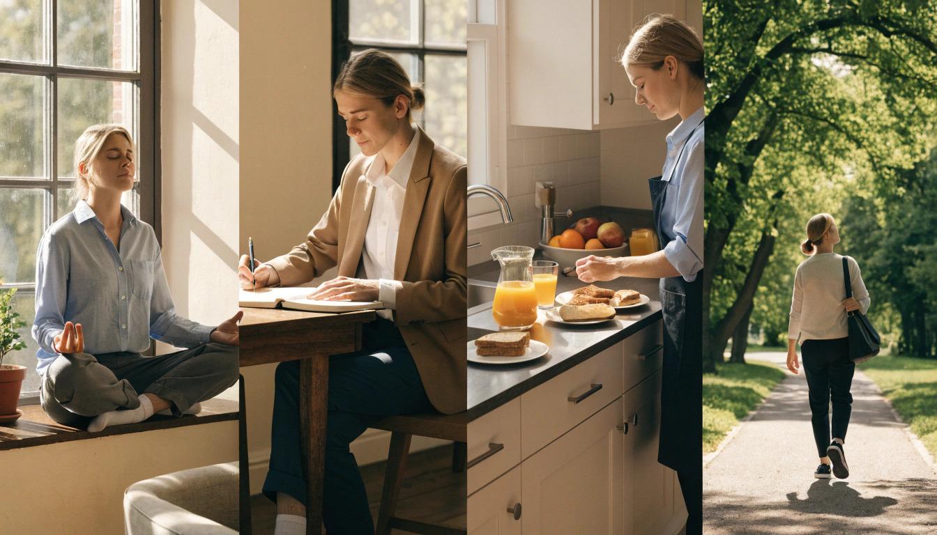 Woman practicing healthy daily habits like meditation, journaling, and walking for stress recovery