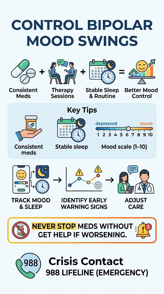 Infographic titled Control Bipolar Mood Swings detailing meds, therapy, sleep routine, and 988 crisis contact.