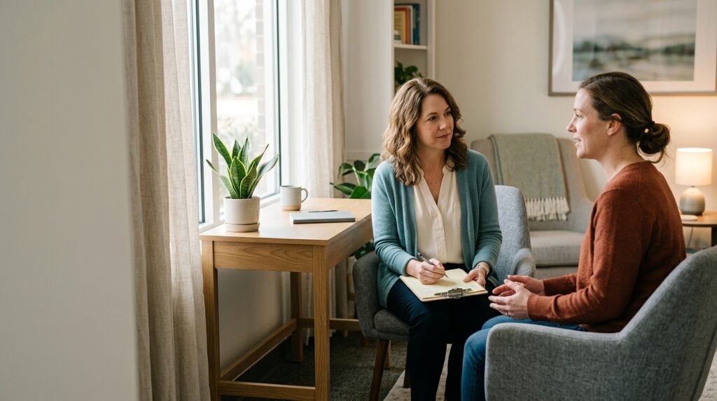 Therapist taking notes while talking with a client in a cozy office with a window.