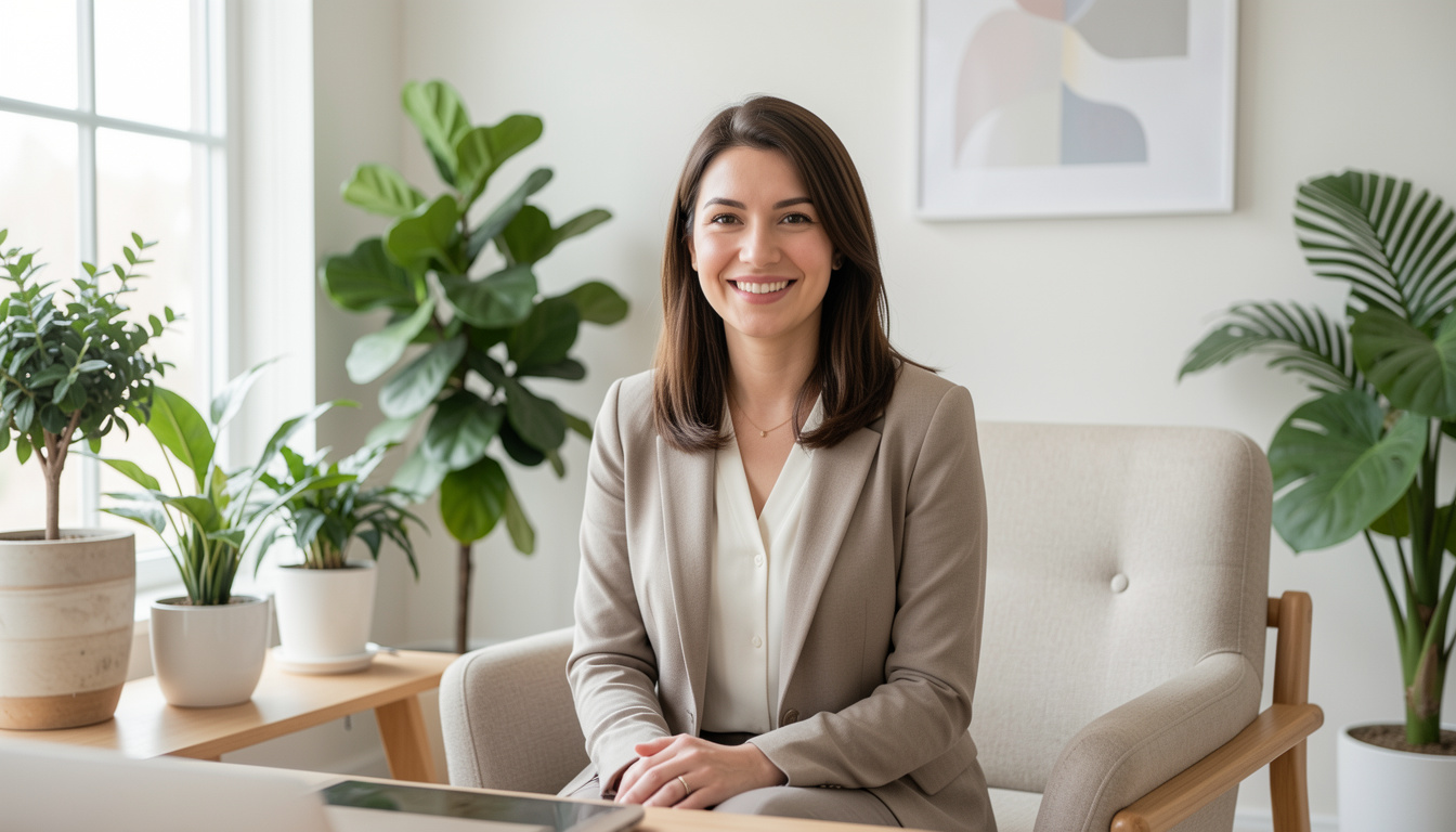 Mental health professional smiling during a clinical consultation in a calm therapy setting