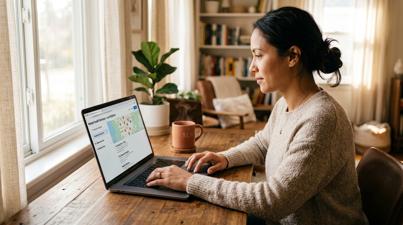all clean: Woman using a laptop at home to search for local psychiatric care and mental health providers.