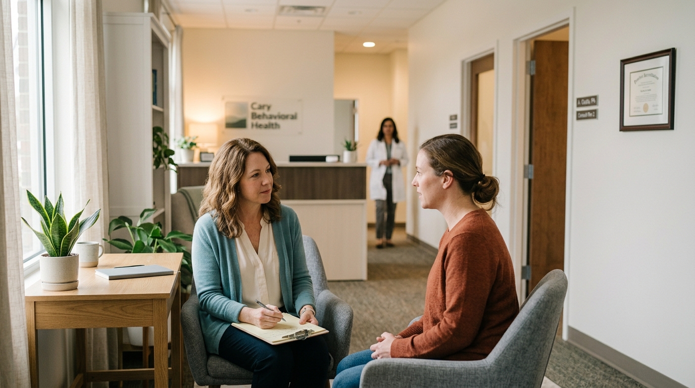Two women in conversation near a behavioral health clinic's reception desk.
