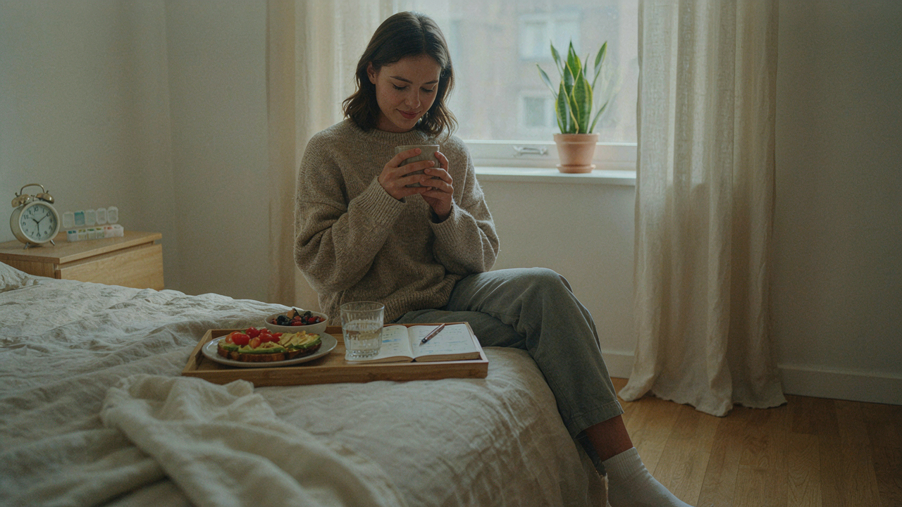 A woman sitting on a bed holding a warm mug, with a daily journal, breakfast tray, and medication organizer nearby.