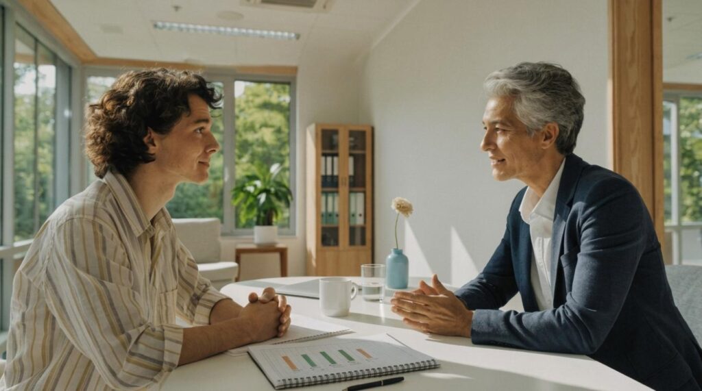 A young man having a consultation session with a male psychiatrist at a bright office desk.
