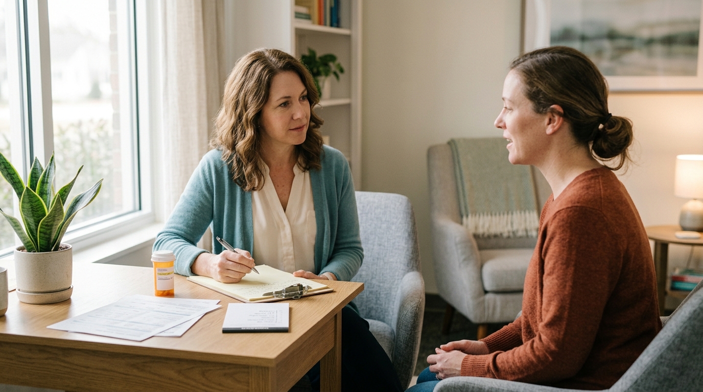 Provider reviewing a prescription bottle and notes while talking with a patient.