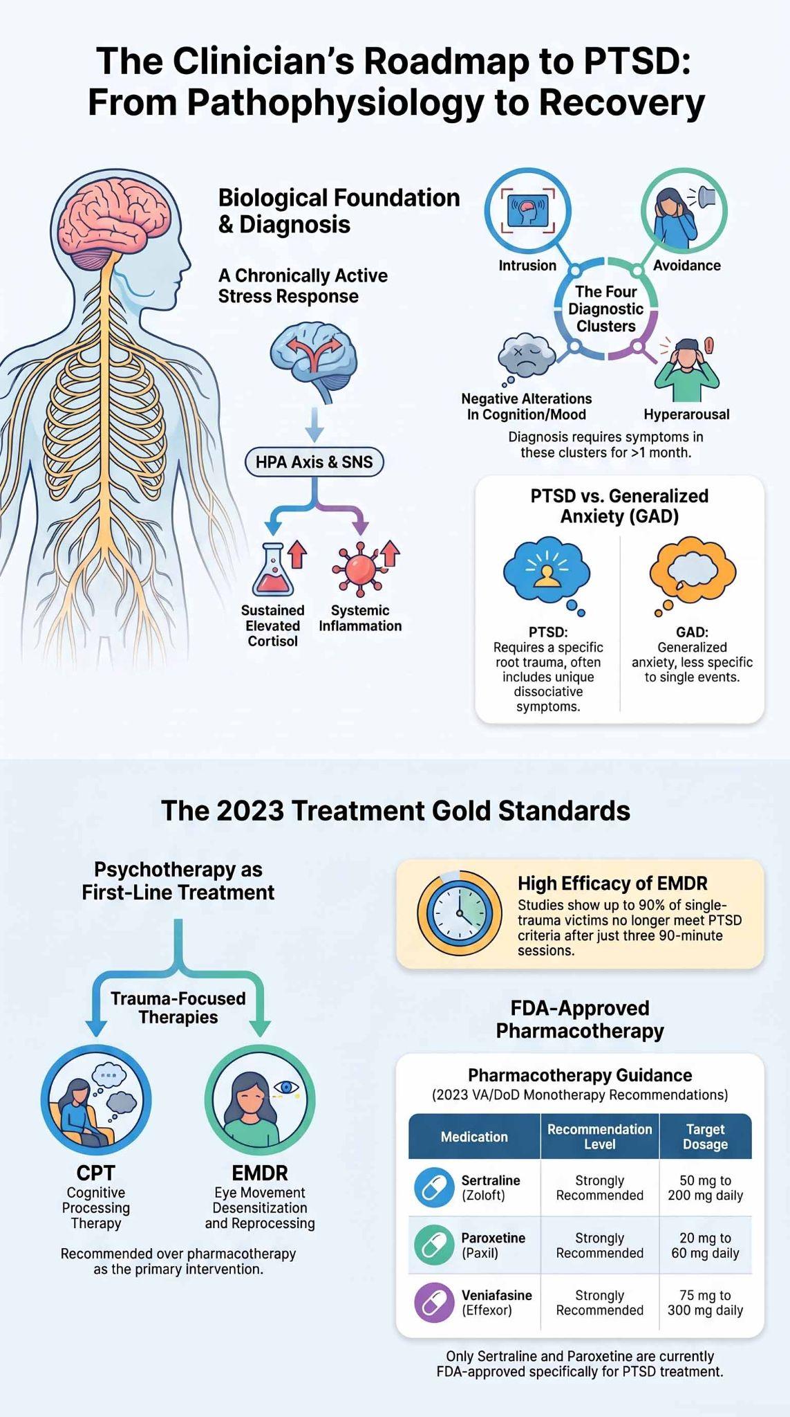 Infographic showing PTSD symptoms, diagnostic clusters, and evidence-based treatment options.