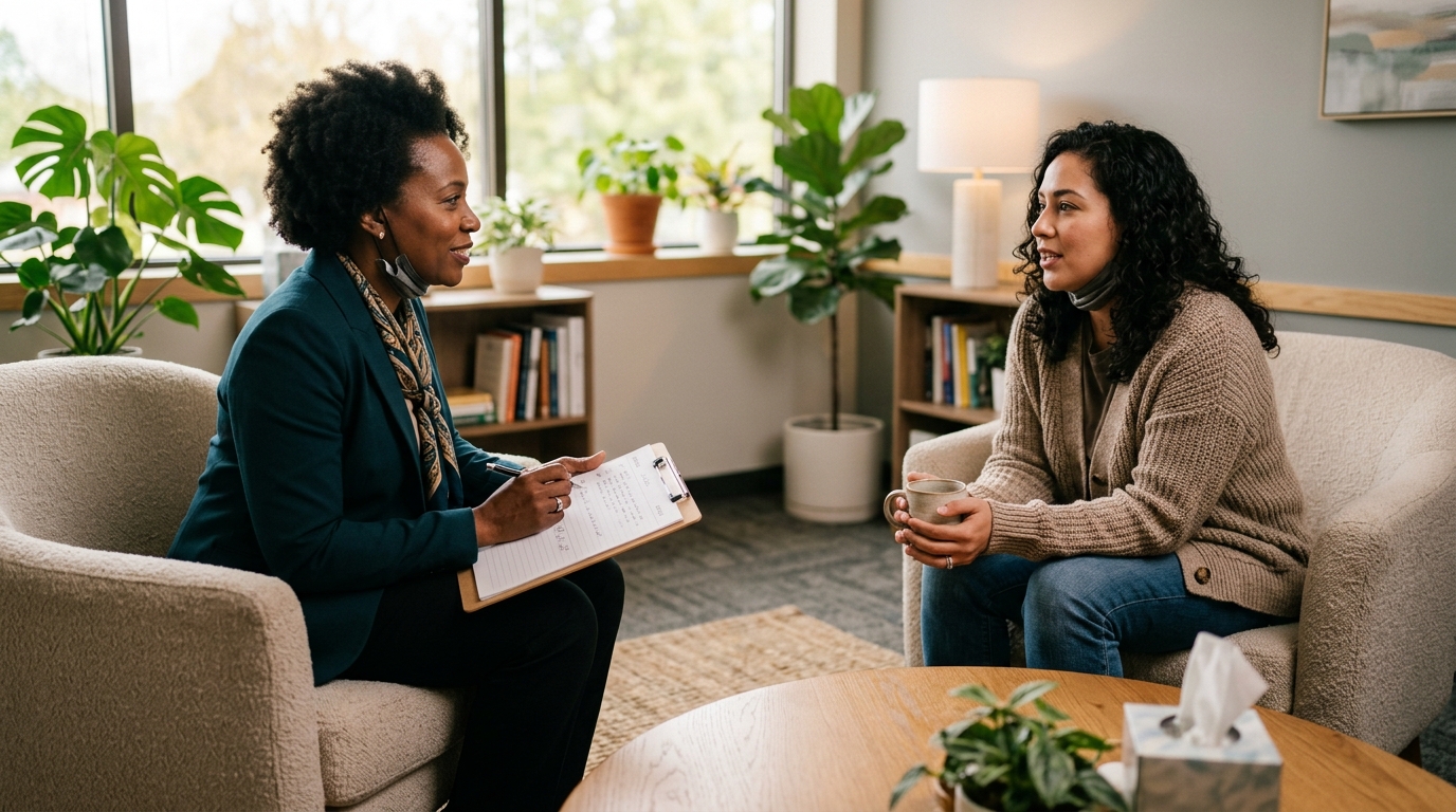 Female psychiatrist in a modern office listening attentively to her patient during a mental health consultation.