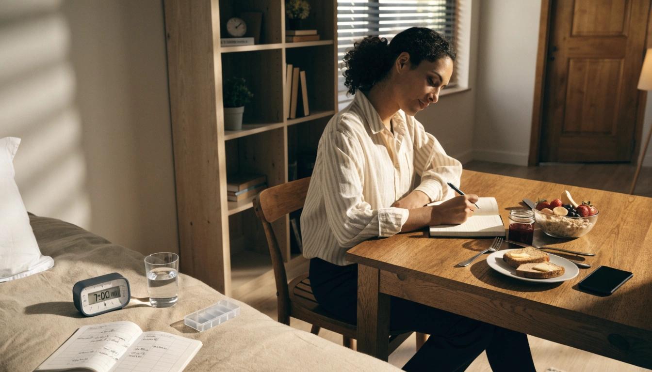 A woman writing in a daily journal at a wooden dining table next to a healthy breakfast and digital clock.
