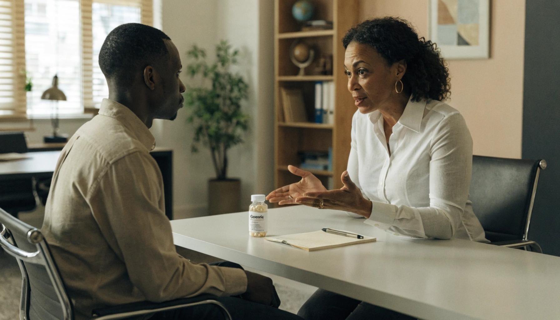 Therapist discussing PTSD treatment options with a patient during a psychiatric consultation.