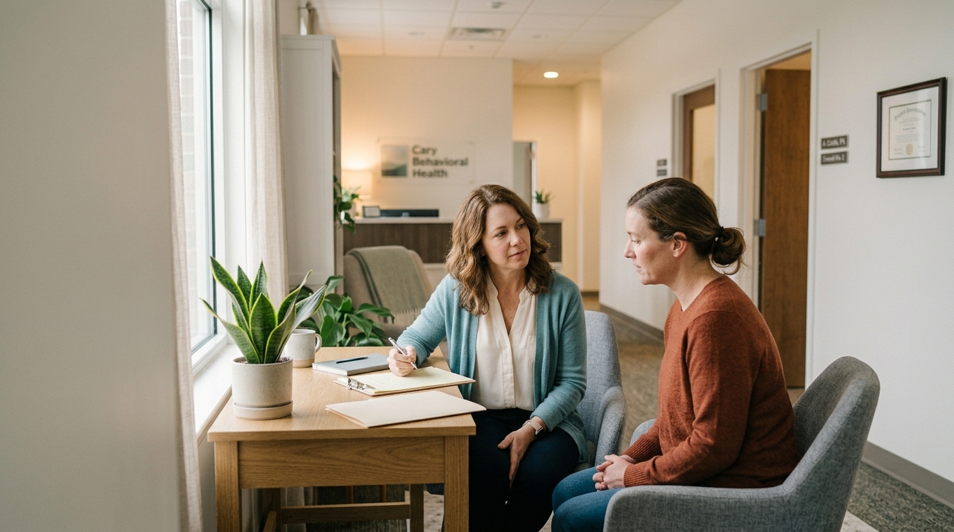 Provider and patient talking near a sunlit window in a behavioral health clinic hallway.