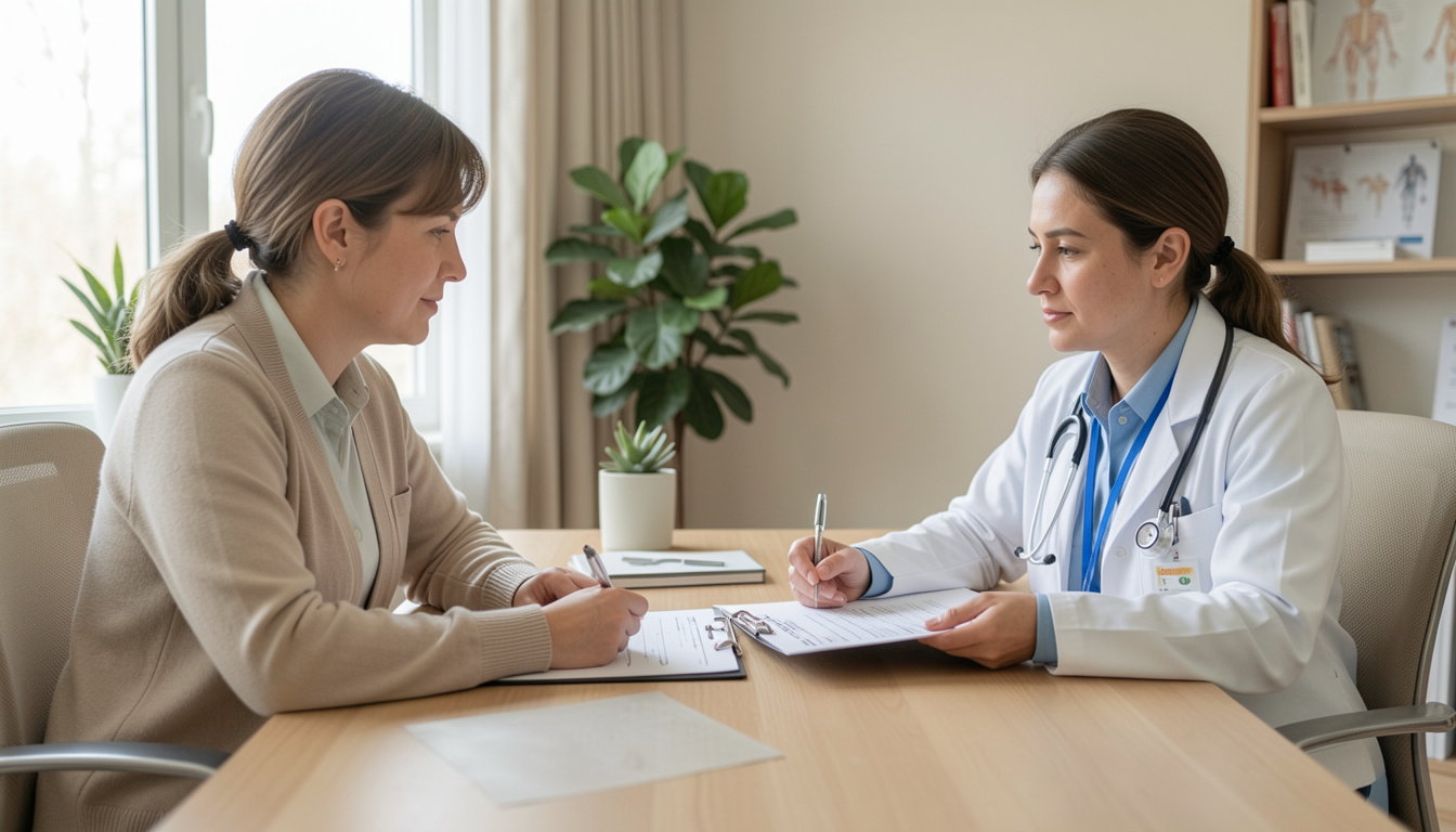 Psychiatrist discussing antidepressant genetic test results with a patient during a clinic consultation.