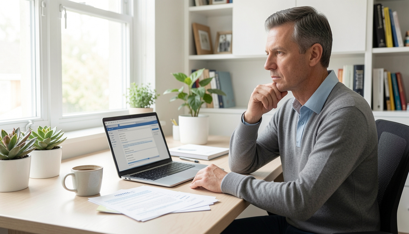 Patient researching pharmacogenomic testing for antidepressants on a laptop at home.