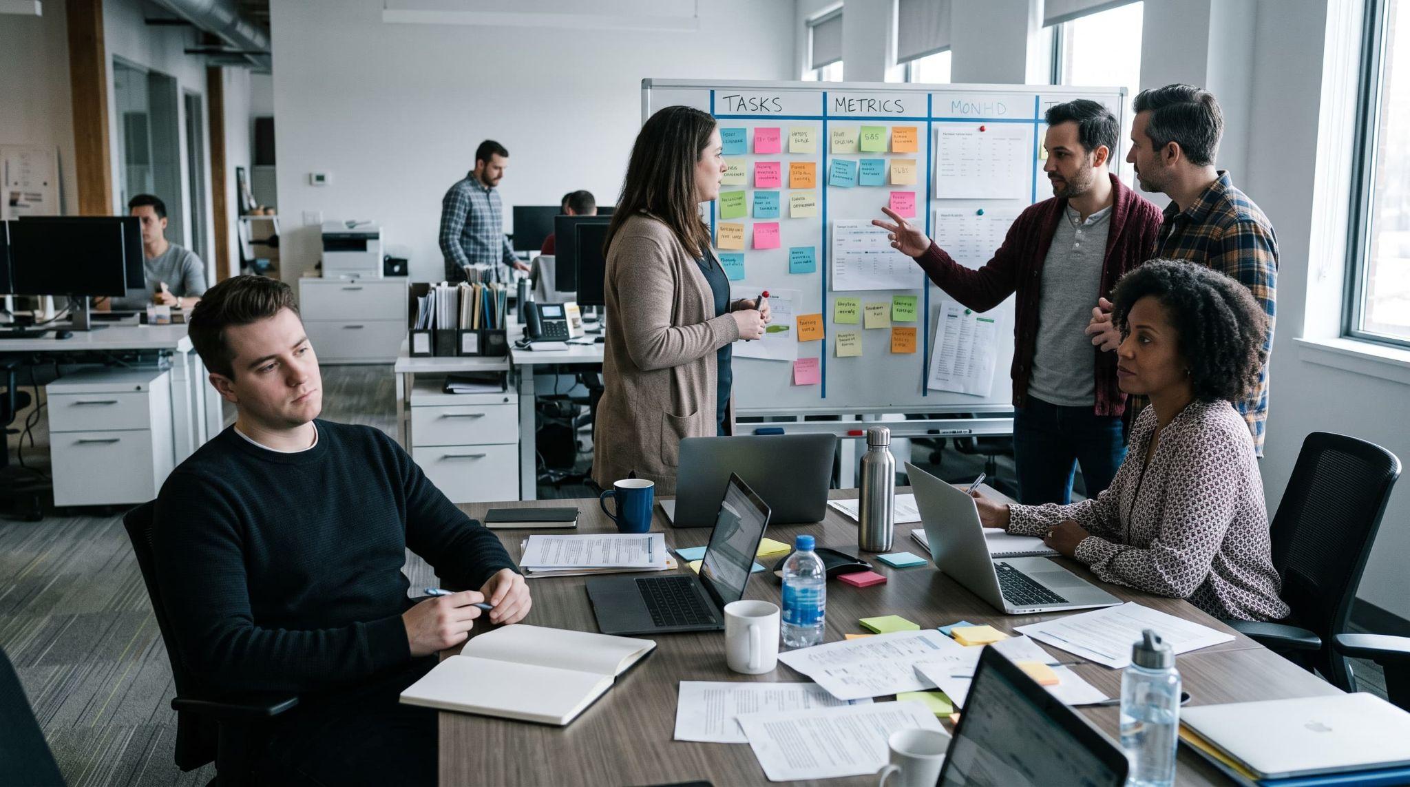 Colleagues collaborating attentively in an open-plan office space with organized workloads