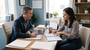 A clinician in professional attire discussing care options across an office desk