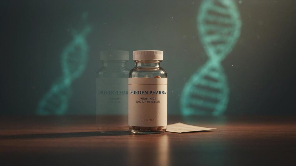 Prescription medication bottle with a glowing DNA helix background, symbolizing genetic testing for drugs.