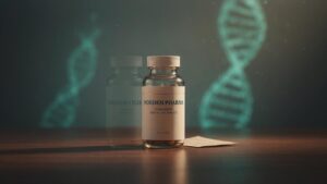 Prescription medication bottle with a glowing DNA helix background, symbolizing genetic testing for drugs.