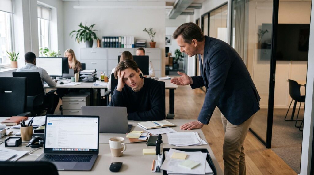 A manager having a private, supportive check-in with a team member in a modern office