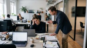 A manager having a private, supportive check-in with a team member in a modern office