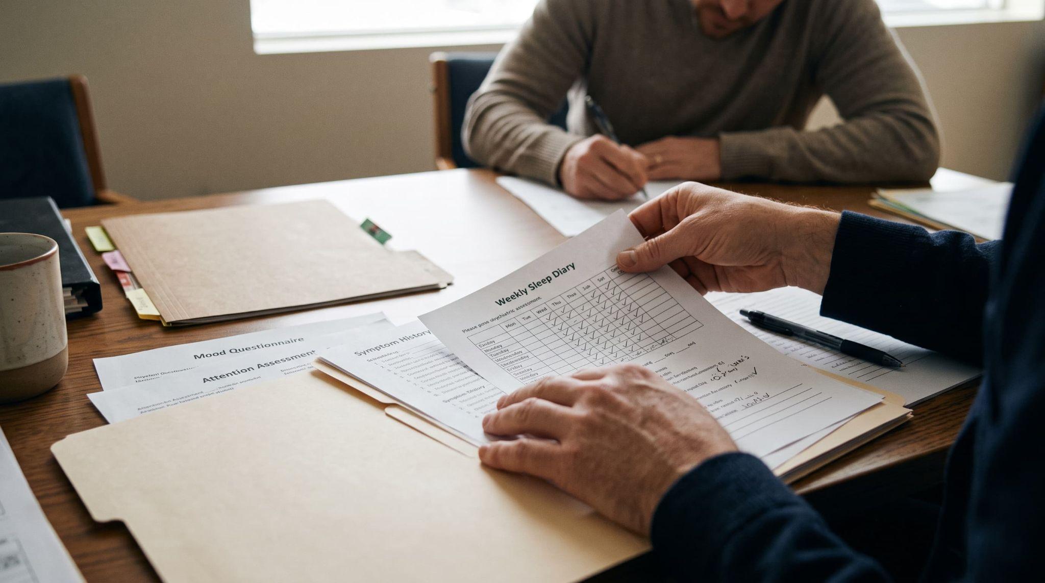 A medical specialist taking comprehensive notes during an adult psychiatric evaluation