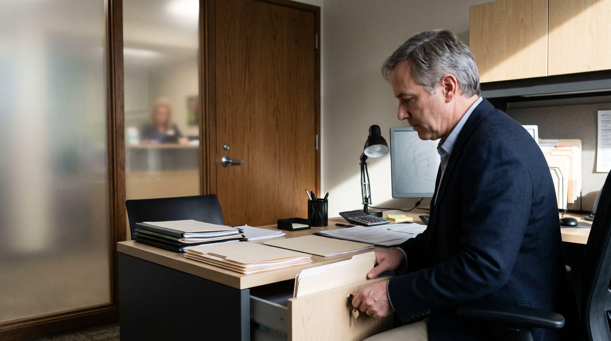 Secure digital patient records displayed on an office computer next to confidential health files